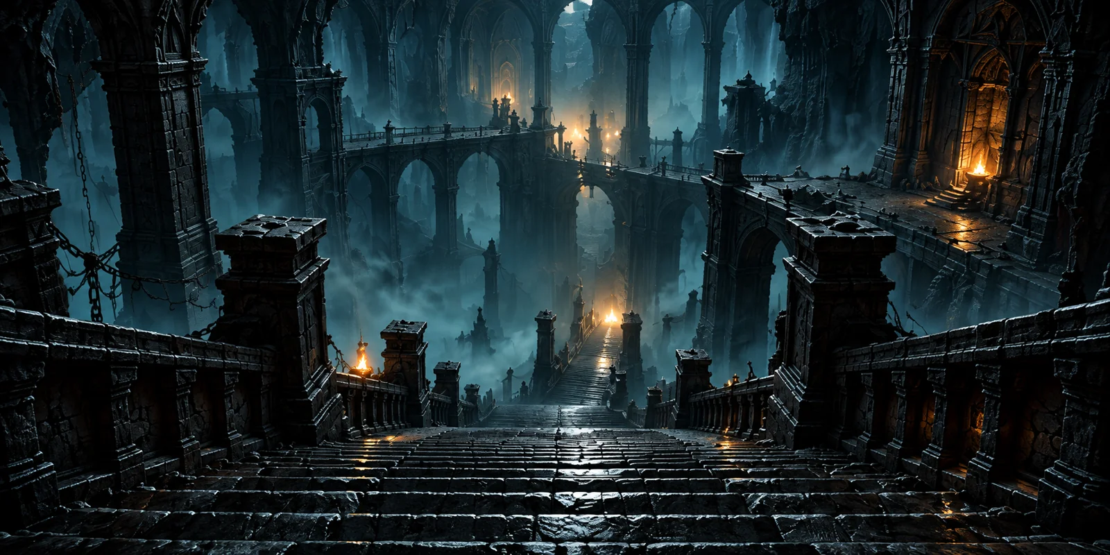 Stone bridges and torchlit ruins descend into a mist-filled abyss.